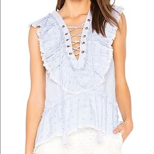 MISA Los Angeles Marjan Top, Blue Linen Blouse